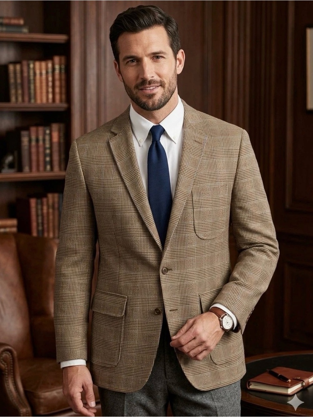 Lands End Sport Coat Mens 46R Tan Plaid Baird McNutt Irish Linen Blazer‎ Jacket